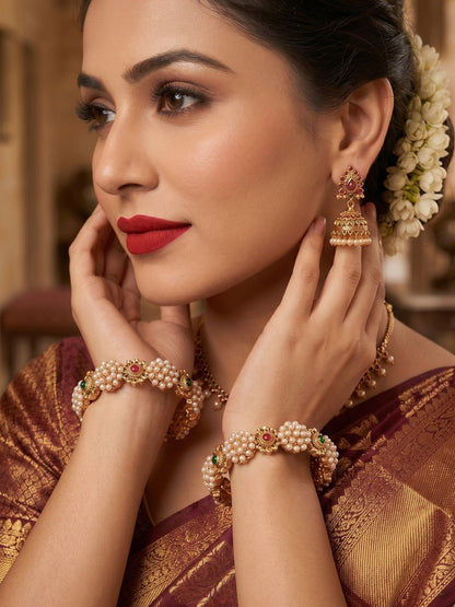 Anouk Set of 2 Gold Plated Pearl Cluster Multicolor Stone Bangles
