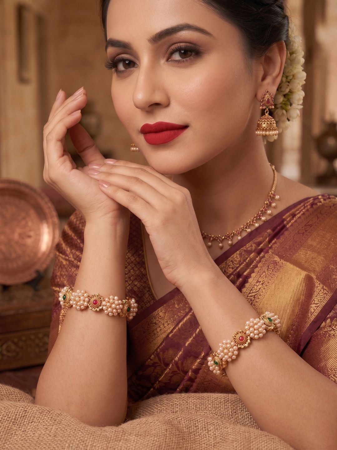 Anouk Set of 2 Gold Plated Pearl Cluster Multicolor Stone Bangles