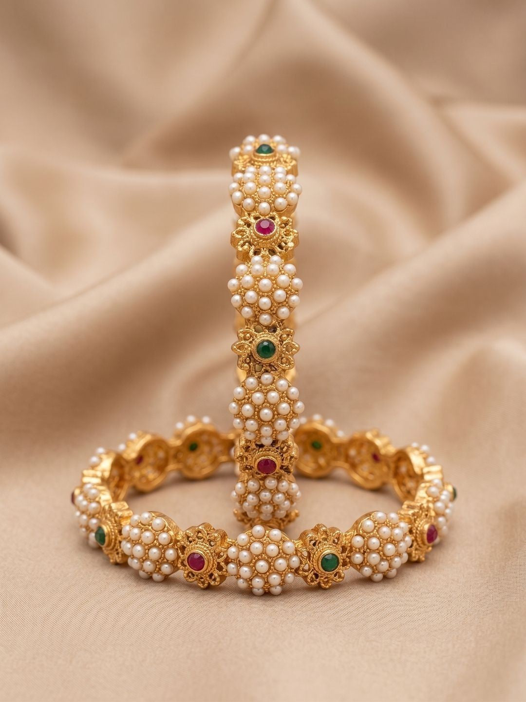 Anouk Set of 2 Gold Plated Pearl Cluster Multicolor Stone Bangles