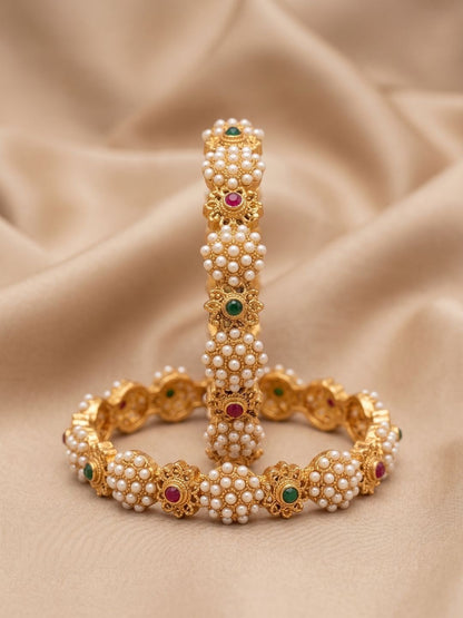 Anouk Set of 2 Gold Plated Pearl Cluster Multicolor Stone Bangles