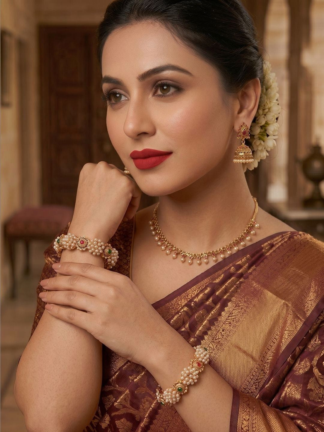 Anouk Set of 2 Gold Plated Pearl Cluster Multicolor Stone Bangles