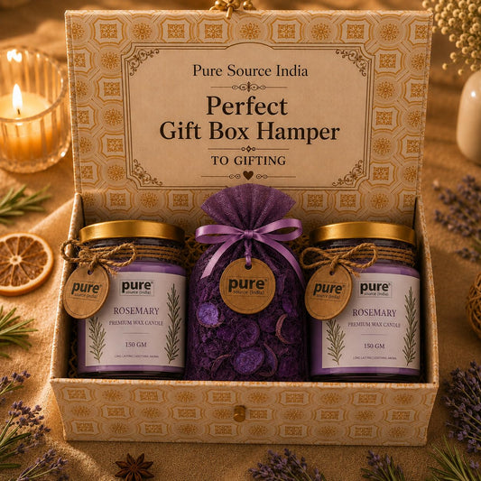 Pure Source India Luxury Festive Gift Box Hamper Rosemary Candles and Purple Potpourri