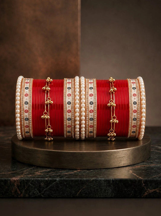 Mehpriye Red Gold Stone Studded Beaded Chuda Bangles Set of 2
