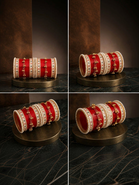 Mehpriye Red Gold Stone Studded Beaded Chuda Bangles Set of 2