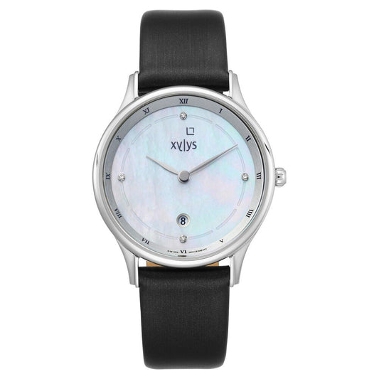 Xylys Swiss Analog with Date Black Leather Strap Mother of Pearl Dial Watch For Women