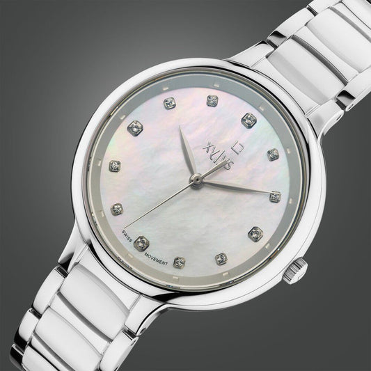 Xylys Swiss Analog White Steel And Ceramic Strap Mother Of Pearl Dial Watch For Women