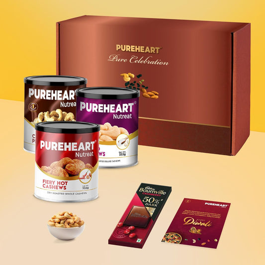 PUREHEART Premium Diwali Gift Hamper | Corporate Dry Fruits Gift Box with Fiery Hot Cashews | Pepper and Salted Cashews (333g each) | Bournville Chocolate | Diwali Greeting Card
