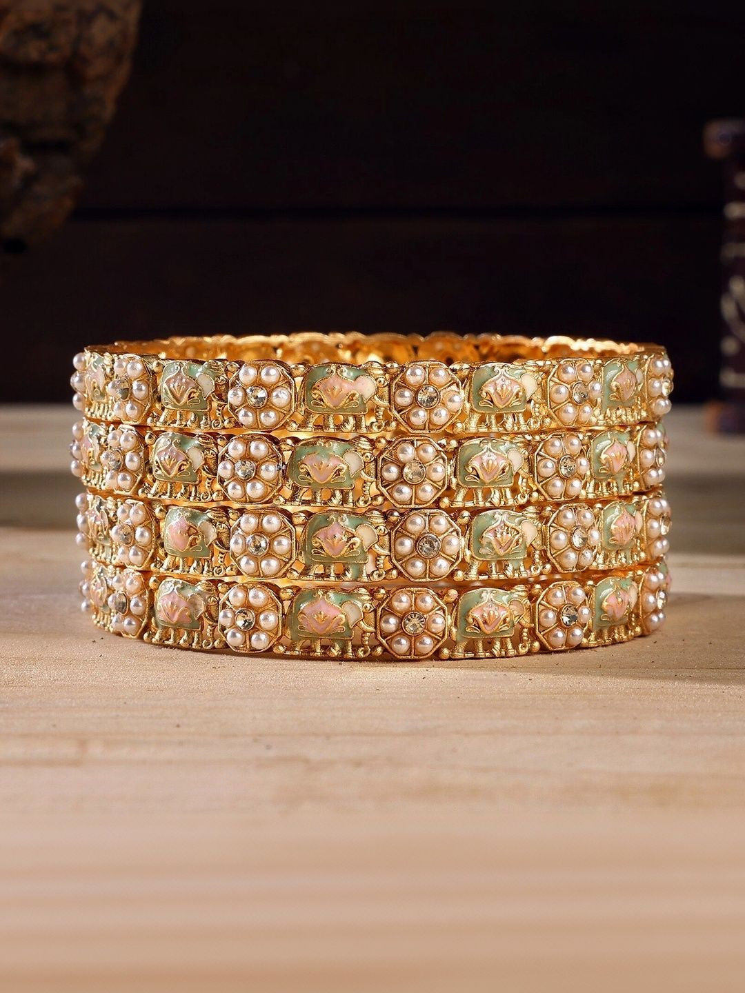 Wedding Chuda by Hitesh Gold Pearl Medallion Handcrafted Bangle Set