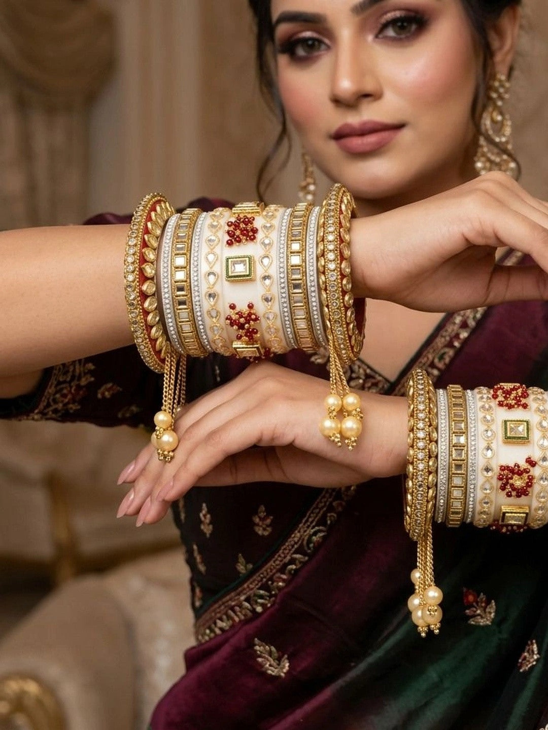 Kanabar Ivory White Red Flower Jadau Chuda Set with Pearl Drops