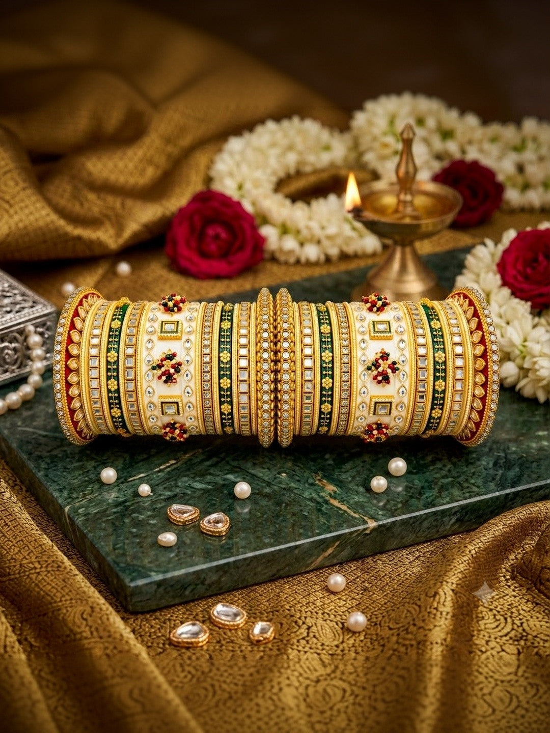 Kanabar Ivory Green Meenakari Kundan Chuda Set