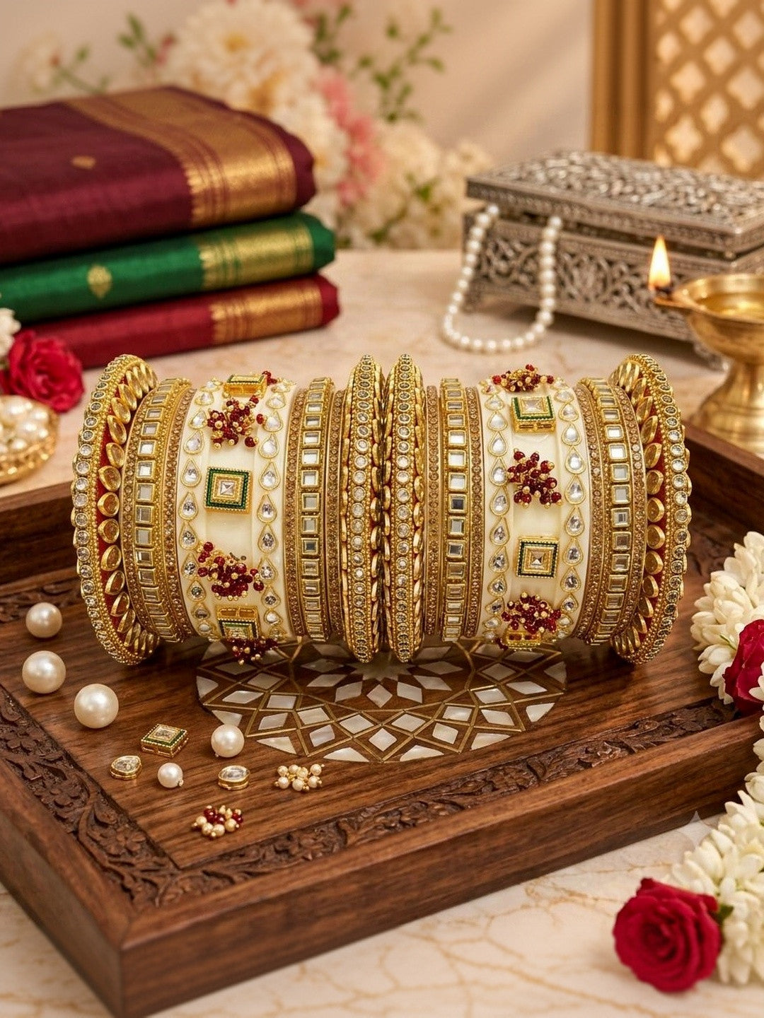 Kanabar Ivory Gold Red Flower Kundan Chuda Set