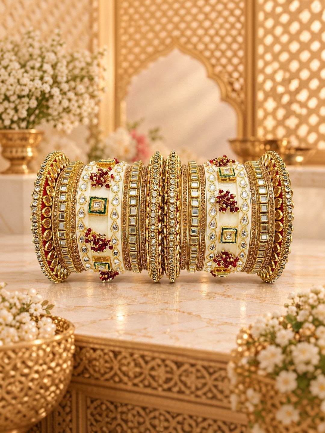 Kanabar Ivory Gold Red Flower Kundan Chuda Set