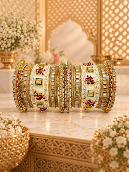 Kanabar Ivory Gold Red Flower Kundan Chuda Set