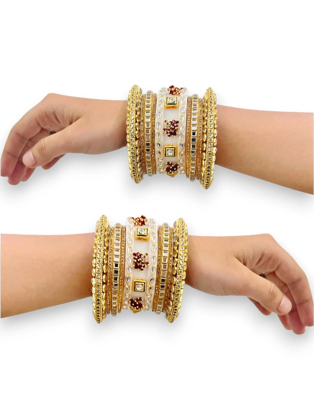 Kanabar Ivory Gold Red Flower Kundan Chuda Set