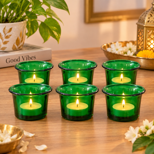Pure Source India Green Makhan Votive Glass Tealight Candle Holder Set of 6 with Tealights