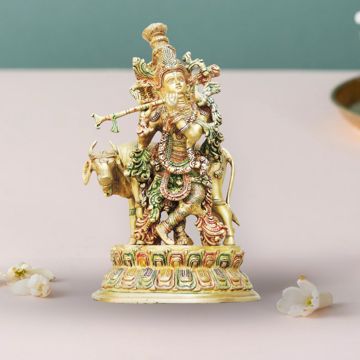 Brass Krishna With Cow Big Idol 8.26Kg - PUSHMYCART