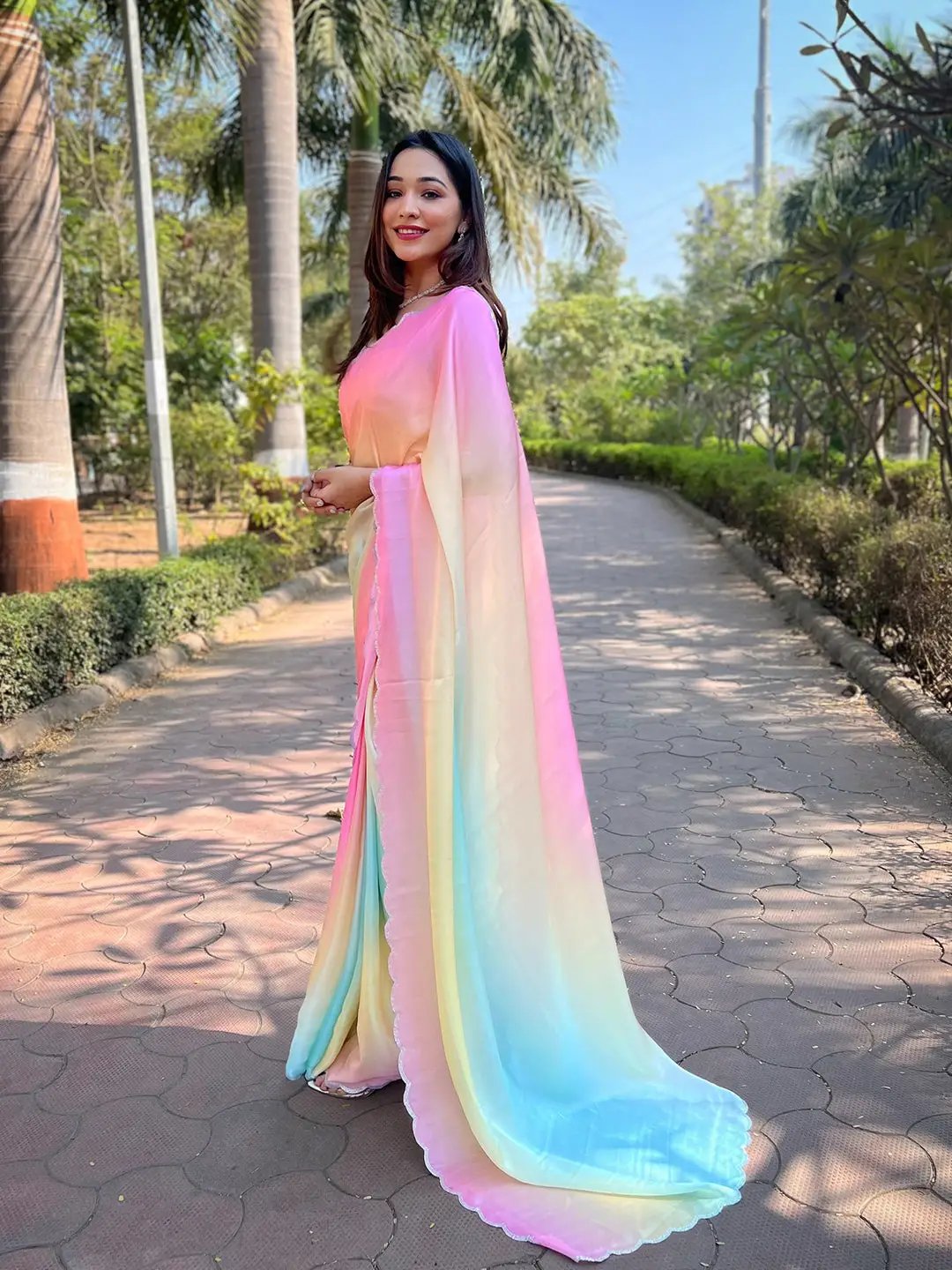 Vasthrlay Multi Satin Georgette Plain Saree