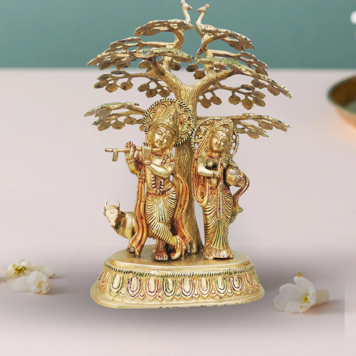 Brass Tree Radha Krishna With Cow Statue 7.015Kg - PUSHMYCART