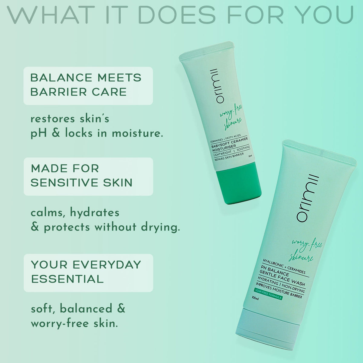 Orimii Skincare Cleanse & Calm Routine set featuring pH Balance Gentle Face Wash and Babysoft Ceramide Face Moistur - Image 4