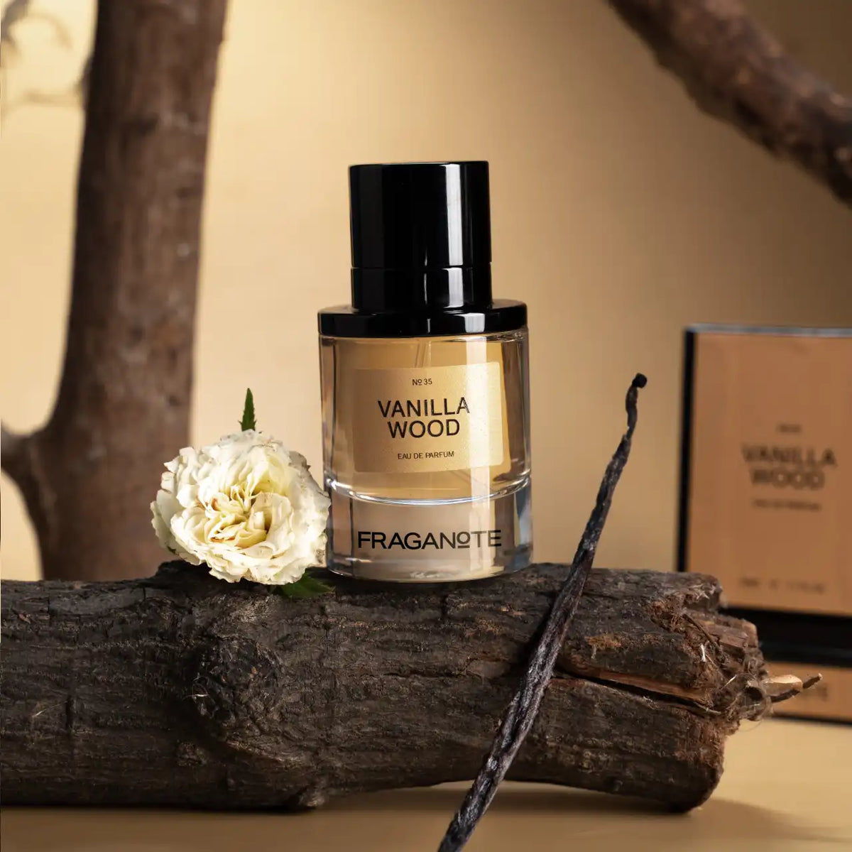 Luxurious Fraganote Vanilla Wood perfume, highlighting its warm vanilla essence.