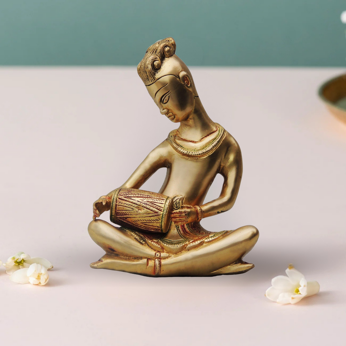 Brass Dholak Rajisthani Statue 2.7Kg - PUSHMYCART