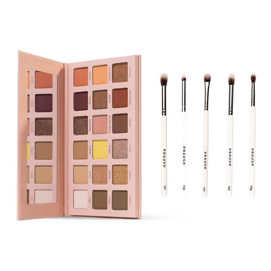 Praush Omni Nude Eyeshadow Palette + Eye Brush Set (5 pcs) Bundle