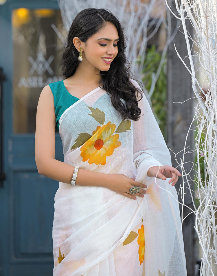 Sudathi Holi White Linen Floral Printed Saree