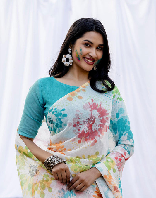 Holi Off White Linen Printed Saree