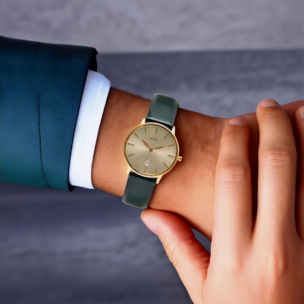 Titan Nebula Lustre 18k Gold Analog Leather Strap Watch for Men