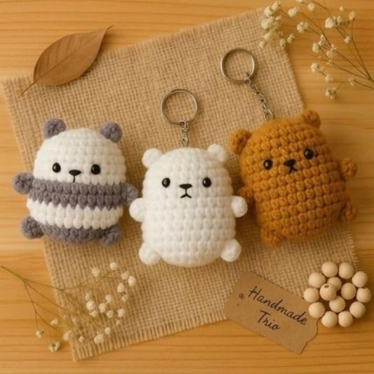 Handmade Trio Crochet Bear Keychain, Set of 3, Cute Amigurumi Plush - image 1