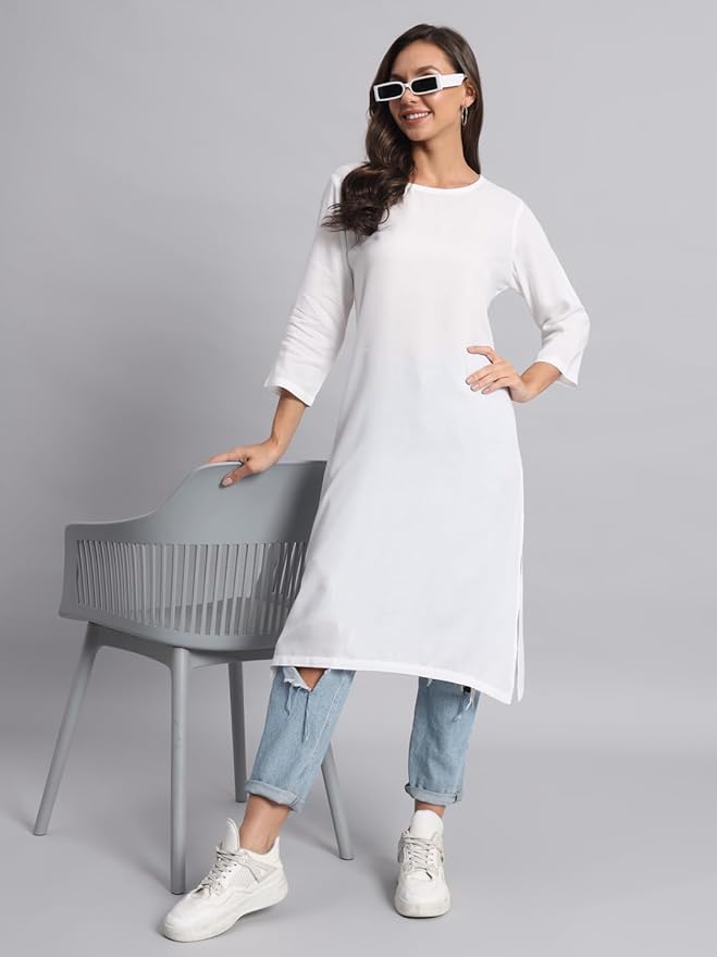 Vasthrlay Women's Solid White Cotton Blend Straight Kurta - PUSHMYCART
