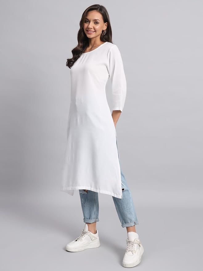 Vasthrlay Women's Solid White Cotton Blend Straight Kurta - PUSHMYCART