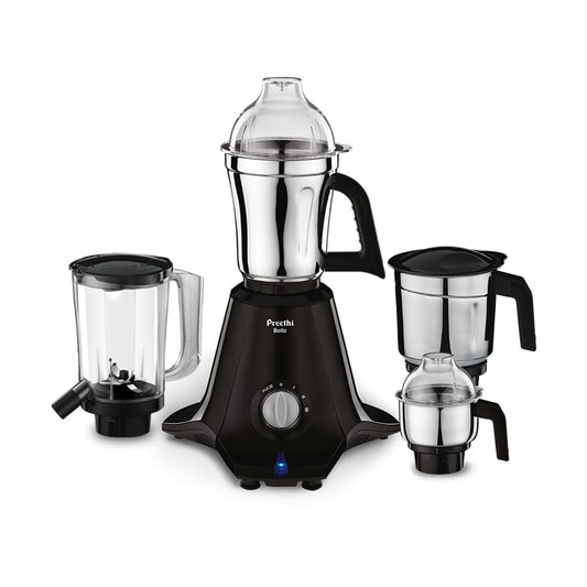 Preethi Boltz 1000 Watts Mixer Grinder, 4 Jars (3 Stainless Steel Jars, Blender Jar), Powerful Grinding for Masalas, Chutneys and Batters, 2 Year Warranty, Lifelong Free Service, Black