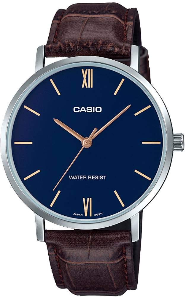 Casio MTP-VT01L-2B Mens Minimalistic Blue Dial Brown Leather Band Analog Watch