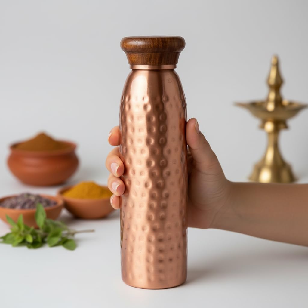 Pure Copper Water Bottle with Wooden Lid