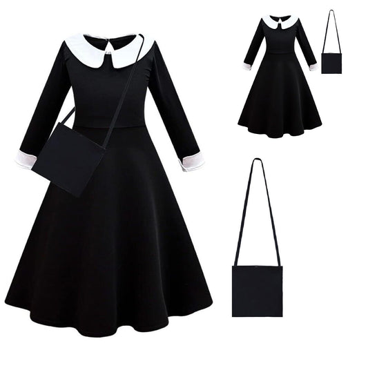 Rudra Fancy Dress Girls Gothic Black Dress White Collar Halloween Costume
