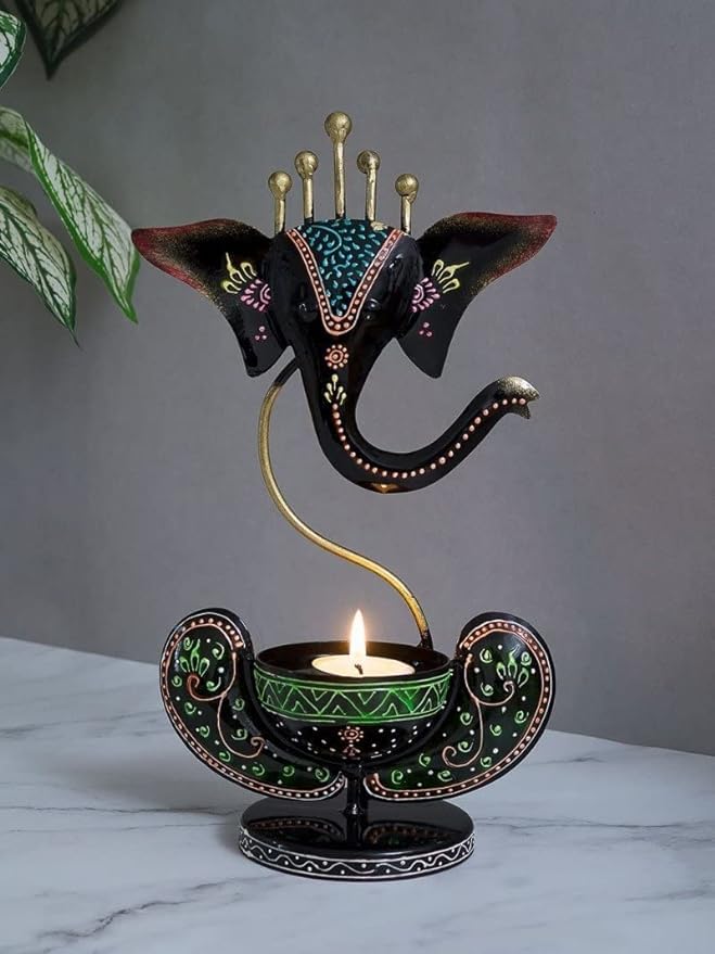 Handpainted Ganesha Metal Tealight Candle Holder - PUSHMYCART