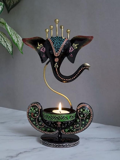 Handpainted Ganesha Metal Tealight Candle Holder - PUSHMYCART