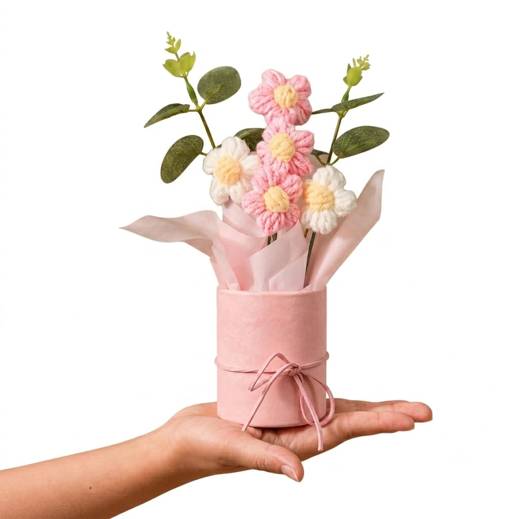 Handmade Crochet Daisy Bouquet Pink & White with Eucalyptus - image 1
