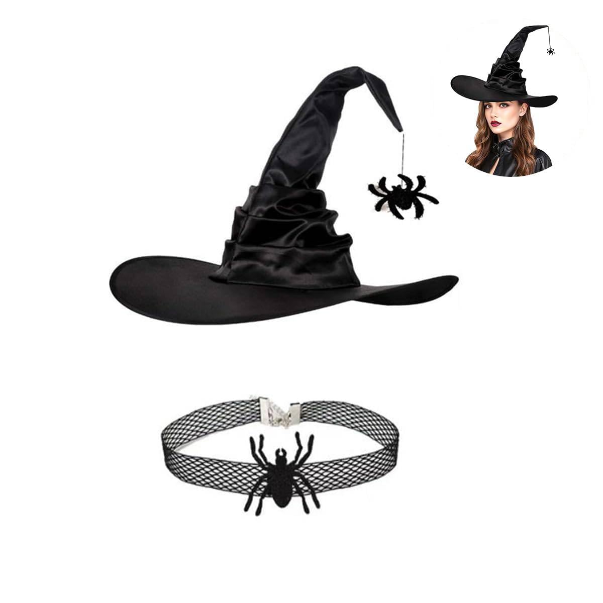 PATPAT Witch Hat with Spider Charm Choker Set Halloween Accessories