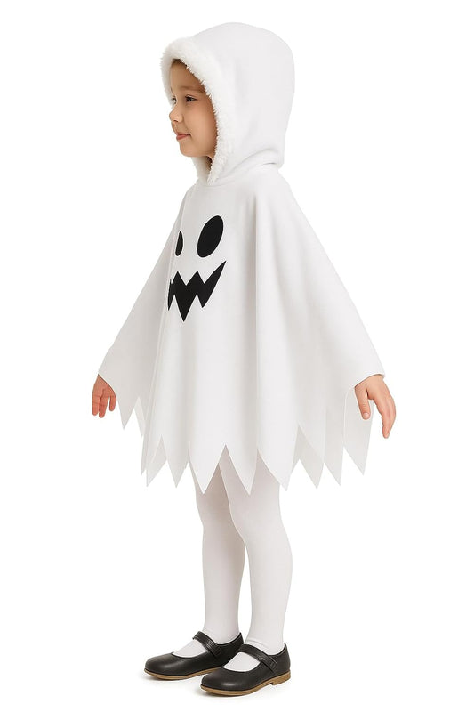Kids Halloween Ghost Costume White Hooded Poncho Fancy Dress