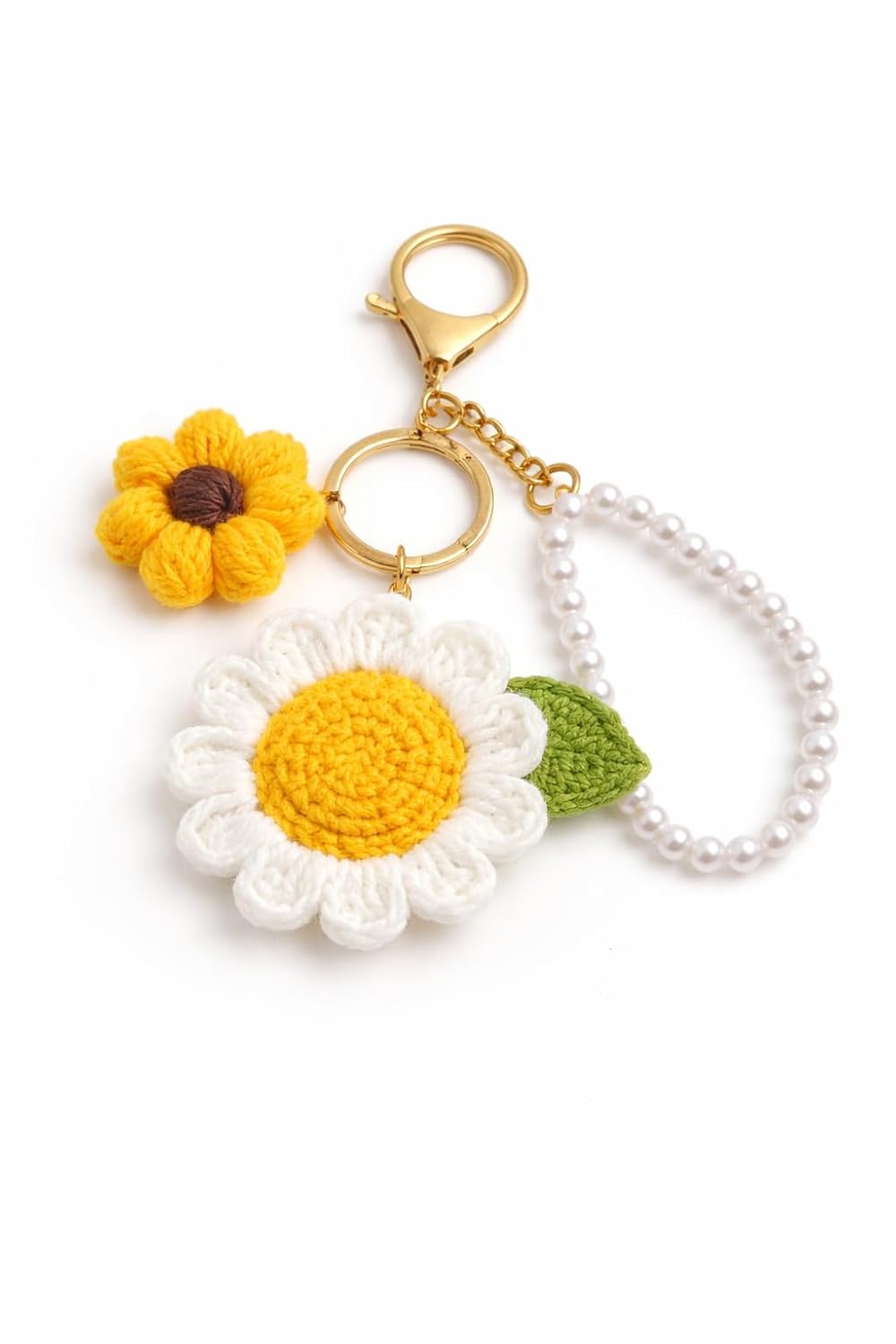 Handmade Crochet Sunflower with Daisy Keychain and Pearl Loop - image 1