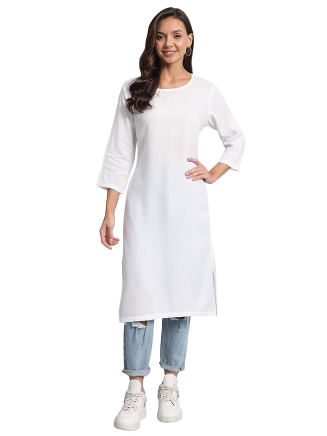 Vasthrlay Women's Solid White Cotton Blend Straight Kurta - PUSHMYCART