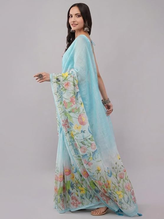 Vasthrlay Blue Printed Linen Saree With Unstitched blouse piece