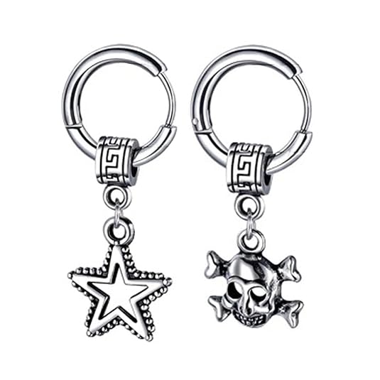 M Men Style Men Star Dangle Hoop Studs With Gothic Skeleton Head Dangle