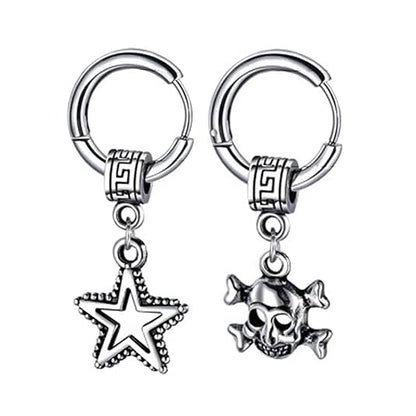 M Men Style Men Star Dangle Hoop Studs With Gothic Skeleton Head Dangle