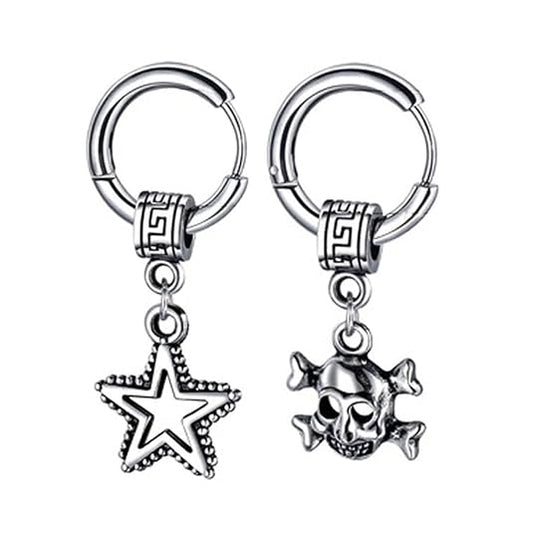M Men Style Men Star Dangle Hoop Studs With Gothic Skeleton Head Dangle