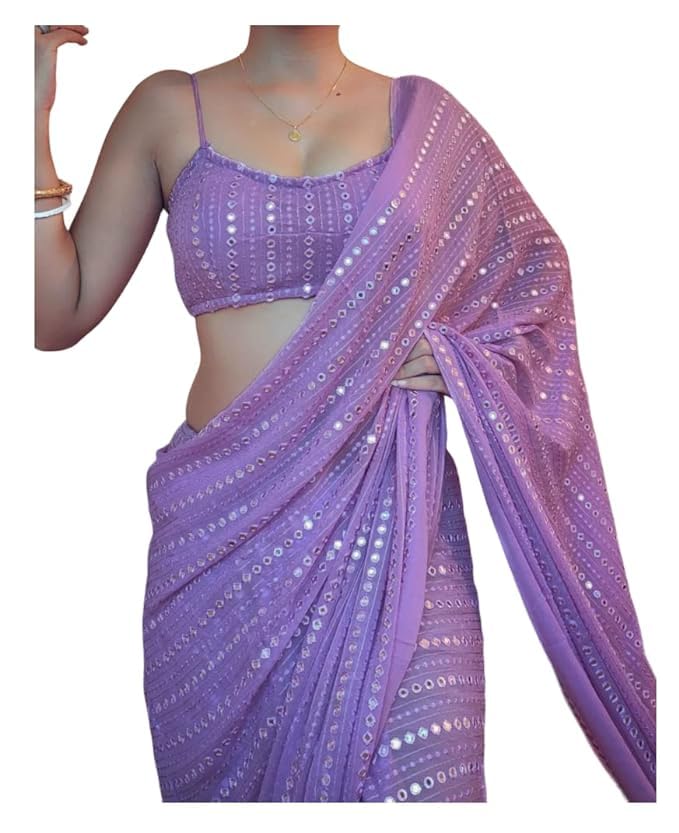 Vasthrlay Lavender Georgette Sequins Saree for festive ethnic occasions