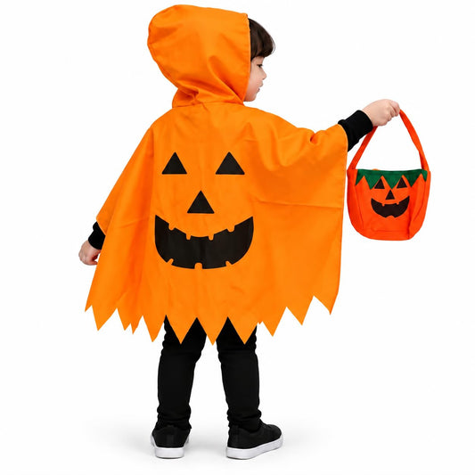 Pop The Party Kids Pumpkin Costume Hooded Poncho Cape with Candy Bag