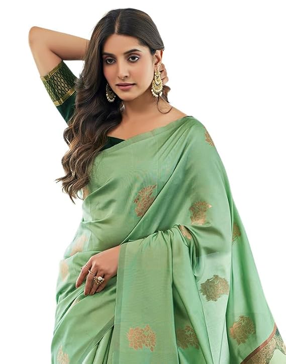 Vasthrlay Jacquard Kanjivaram Pista Green Saree With Dark Green Unstitched Blouse Piece
